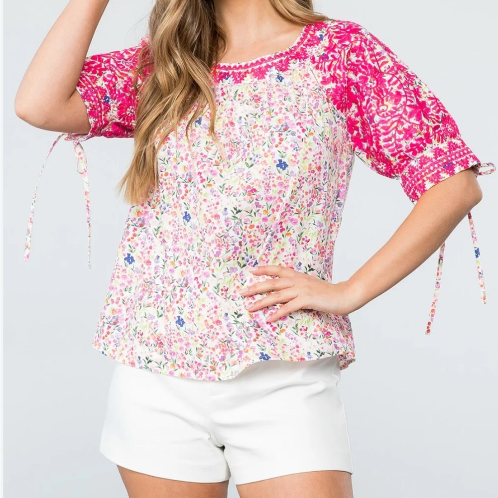 THML Embroidered Flower Print Tie Sleeve Top Sz S